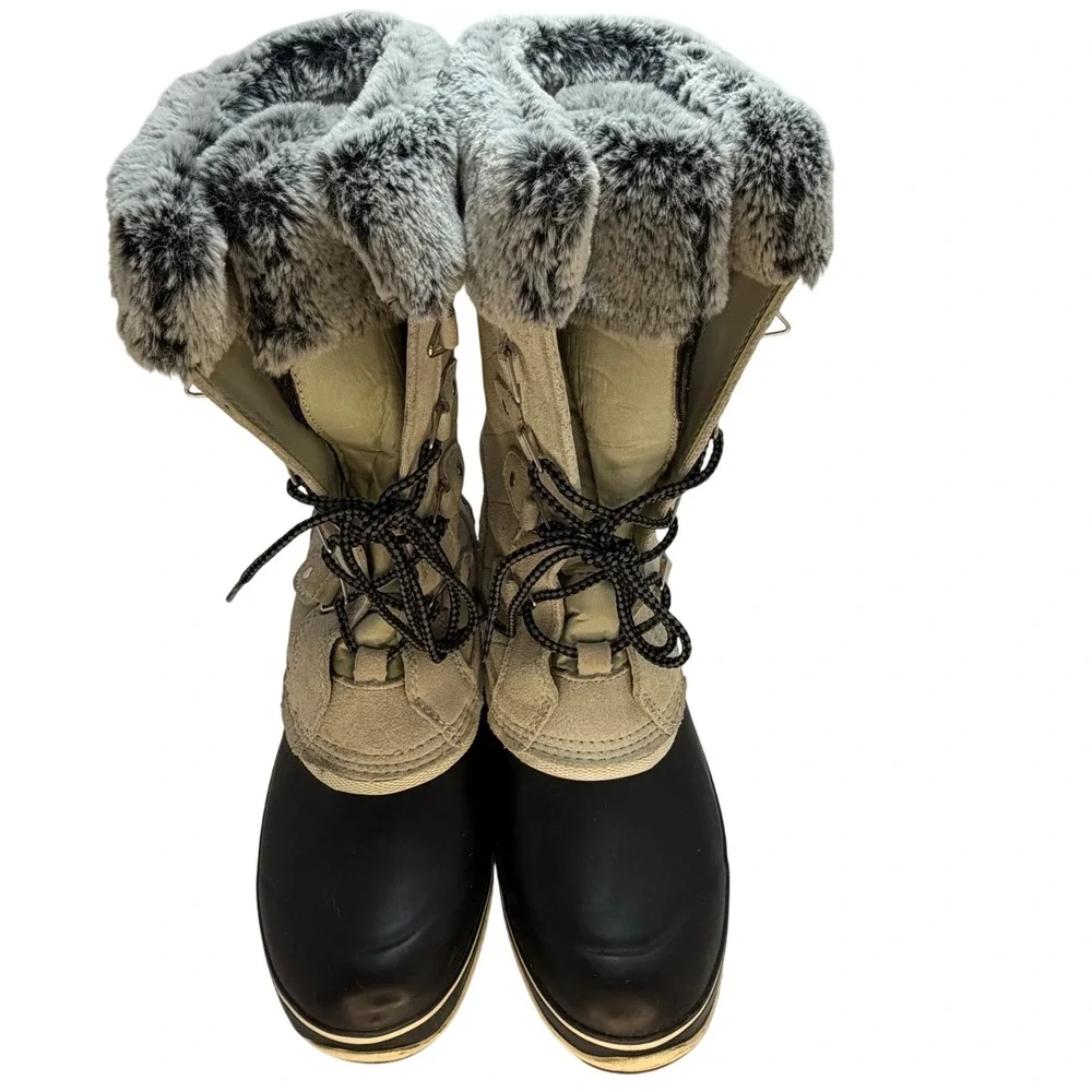 Khombu Emily Womens Tan Black Faux Fur Quilted Winter Snow Duck Boots Size 9M